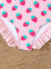 Tween Girls Strawberry Print One-Piece Swimsuit, Random Print - Pink - View 4