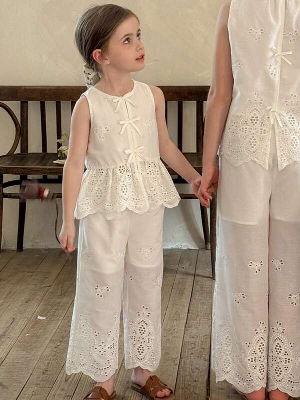 LMoss Kids مجموعة ملابس علوية كم قصير منسوج على شكل طاقم الرقبة وبنطال طويل فضفاض كاجوال 2 قطعة للفتاة