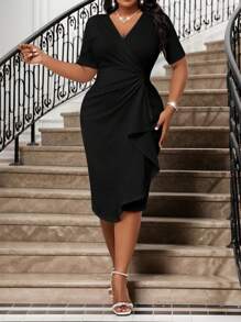 SHEIN Lady Spring And Summer Elegant White Elegant Retro Work Wedding Reception Valentine's Day New Year's Party Knitted Depp V Neck Rhinestone Ruffle New Arrival Slim Dress Plus Size Dress Formal Prom Dress Plus Size Dress,Formal Dresses For Women