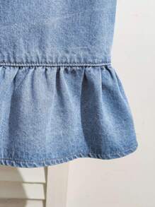 SHEIN Dziewczęcy sweter YK Fashion, swobodny, niebieski, dżinsowy sweter z falbanką na dole i bez rękawów, z kokardą, luźny i wygodny, dżinsowy sweter dla dziewcząt, miękki, codzienny i na każdą porę roku. Ubrania dla dziewcząt w wieku 12 lat - Jasny jeans - Zobacz 3
