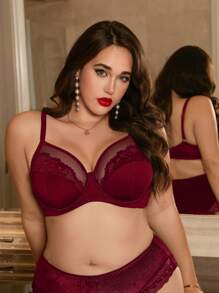 SHEIN Lace & Mesh Panel Padded Minimizer Plus Size Bra & Wireless Bra - Burgundy - View 5