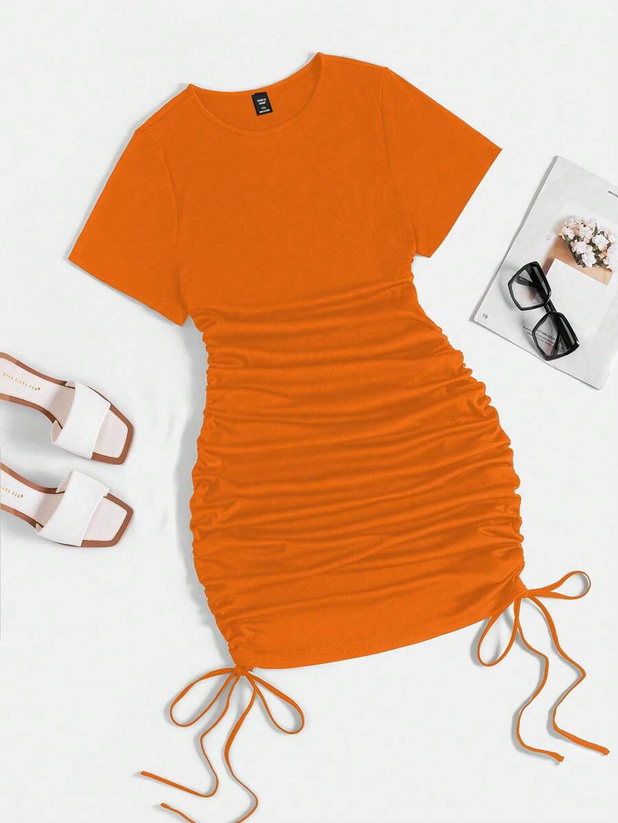 Flirla Plus Size Women Plain Round Neck Short Sleeve Drawstring Waist Dress - Orange - View 1