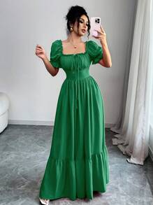Rafferiza Women's Square Neck Puff Sleeve Front Tie Open Back Cinched Waist Dress - Green - View 5
