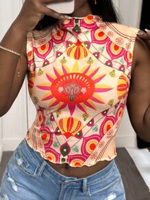 Slaydiva 2025 Summer New Music Festival, Easter, Birthday Party, Graduation, Student, Daily, Casual, Vacation, Cruise, Beach, Sunbathing Women Sleeveless Printed Crop Top - Multicolor - View 8
