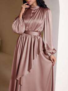 Veilorie 女士优雅纯色灯笼袖超长连衣裙 - 粉色 - 查看 3