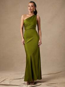 Silquee 优雅女士不对称肩部连衣裙配腰带，适合日常约会、郊游、夜店、派对和聚会，秋季 - 綠色 - 查看 2