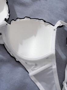 Dream Adore Fresh, Innocent, Cute Polka Dot Bow Contrast Color 3/4 Cup Underwired Molded Cup Bra With Ruffle Trim, Women's Lingerie Bra In Black & White Bowknot