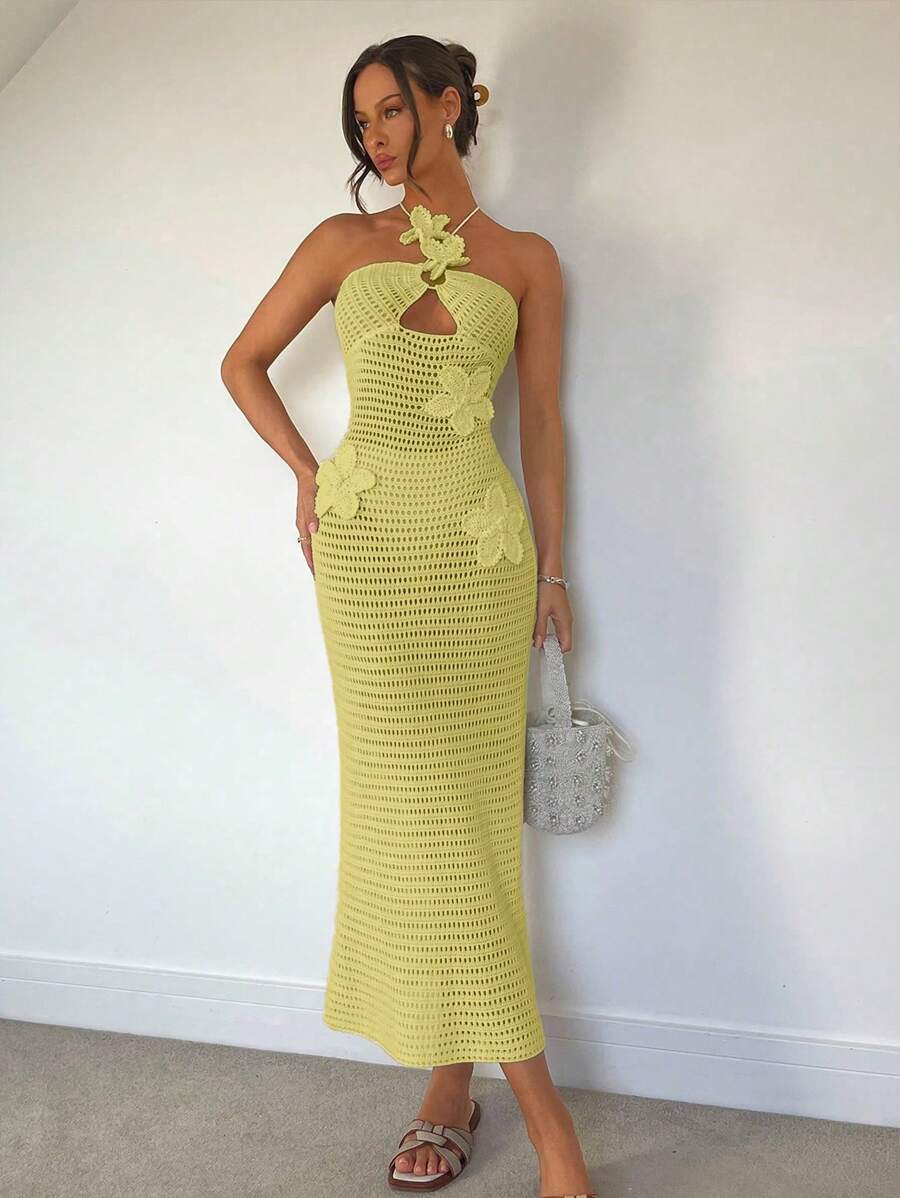 Roylia Vacation Elegant Floral 3D Decor Backless Cutout Knit Dress - Yellow - View 1