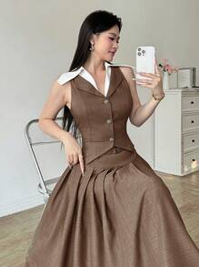 Modelyn 2 件女士优雅通勤拼色领背心和百褶裙套装