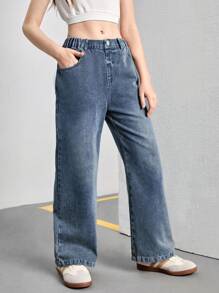 SHEIN Tween 女童轻度洗水休闲直筒牛仔裤，百搭时尚的日常休闲服装 - 中等水洗藍 - 查看 7