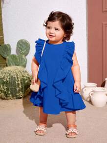 SHEIN Summer Cute Orange Ruffle Trim Vacation Dress For Baby Girl - Blue - View 3