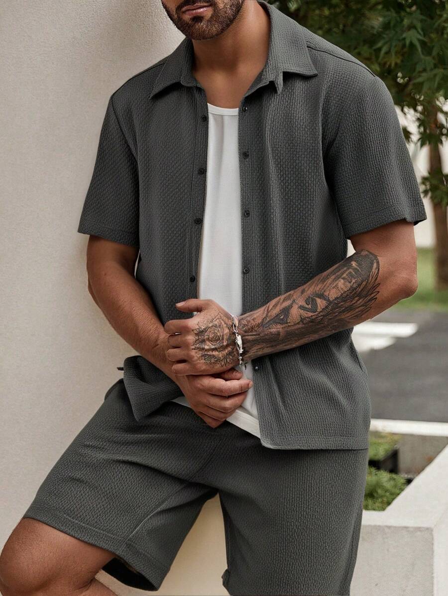 RueChic Men Textured Fabric Regular Shirt Set - Grey - View 1