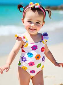 SHEIN Leap Crew Baby Girl Floral Print One-Piece Swimsuit, Casual Holiday Style - Multicolor - View 1