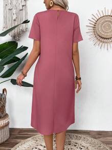 EMERY ROSE 女式夏季休闲图案印花短袖中长连衣裙 - 乾枯玫瑰色 - 查看 2