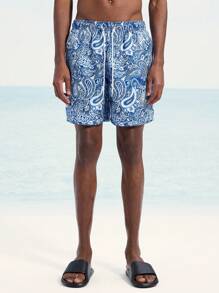 Surfspeed Men's Casual Cashew Print Drawstring Waist Beach Shorts - Blue - View 5