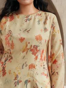 Anewsta Vestido estampado floral de manga larga con estilo de campo francés para mujer, elegante vestido fluido de talle alto y de talla grande en color amarillo suave, nueva llegada 2025