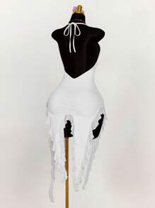 Amplova 女士夏季服装 俱乐部服装 女士性感演唱会服装 女士深 V 领荷叶边不对称下摆裹身连衣裙，白色服装 - 白色 - 查看 2