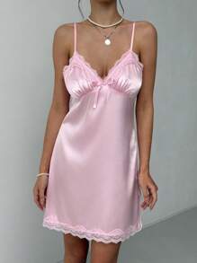 Aloruh Robe mini à couleur unie avec dentelle contrastée et nœud papillon pour femmes