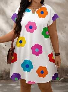 SHEIN LUNE 休闲简约多色花朵宽松短袖大码连衣裙，适合夏季