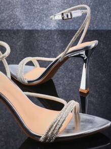 SHUZIA Women's Pointy Toe Rhinestone Multi Toe Straps High Heel Sandals Wedding Shoes - Silver - View 3