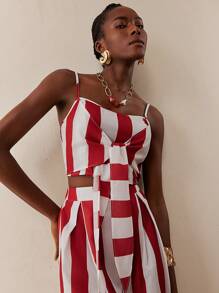 SHEIN Lady 女士两件套条纹前系带吊带背心和裤子，时尚