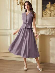 Vintamour 2 件套复古优雅女士 V 领无袖上衣/背心和 A 字裙套装，配蝴蝶结腰带，适合办公室和休闲装 - 淡紫色 - 查看 3