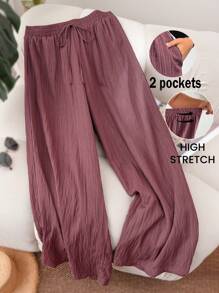 SHEIN CURVE+ 大码女装新款春夏商务休闲女士沙滩装，时尚通勤优雅阔腿裤，带口袋，海滩度假装 - 中紫紅色 - 查看 11