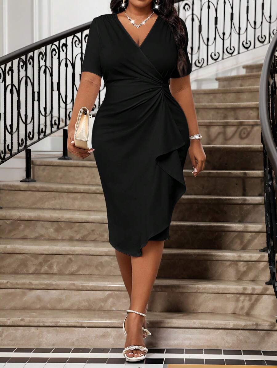 SHEIN Lady Spring And Summer Elegant White Elegant Retro Work Wedding Reception Valentine's Day New Year's Party Knitted Depp V Neck Rhinestone Ruffle New Arrival Slim Dress Plus Size Dress Formal Prom Dress Plus Size Dress,Formal Dresses For Women