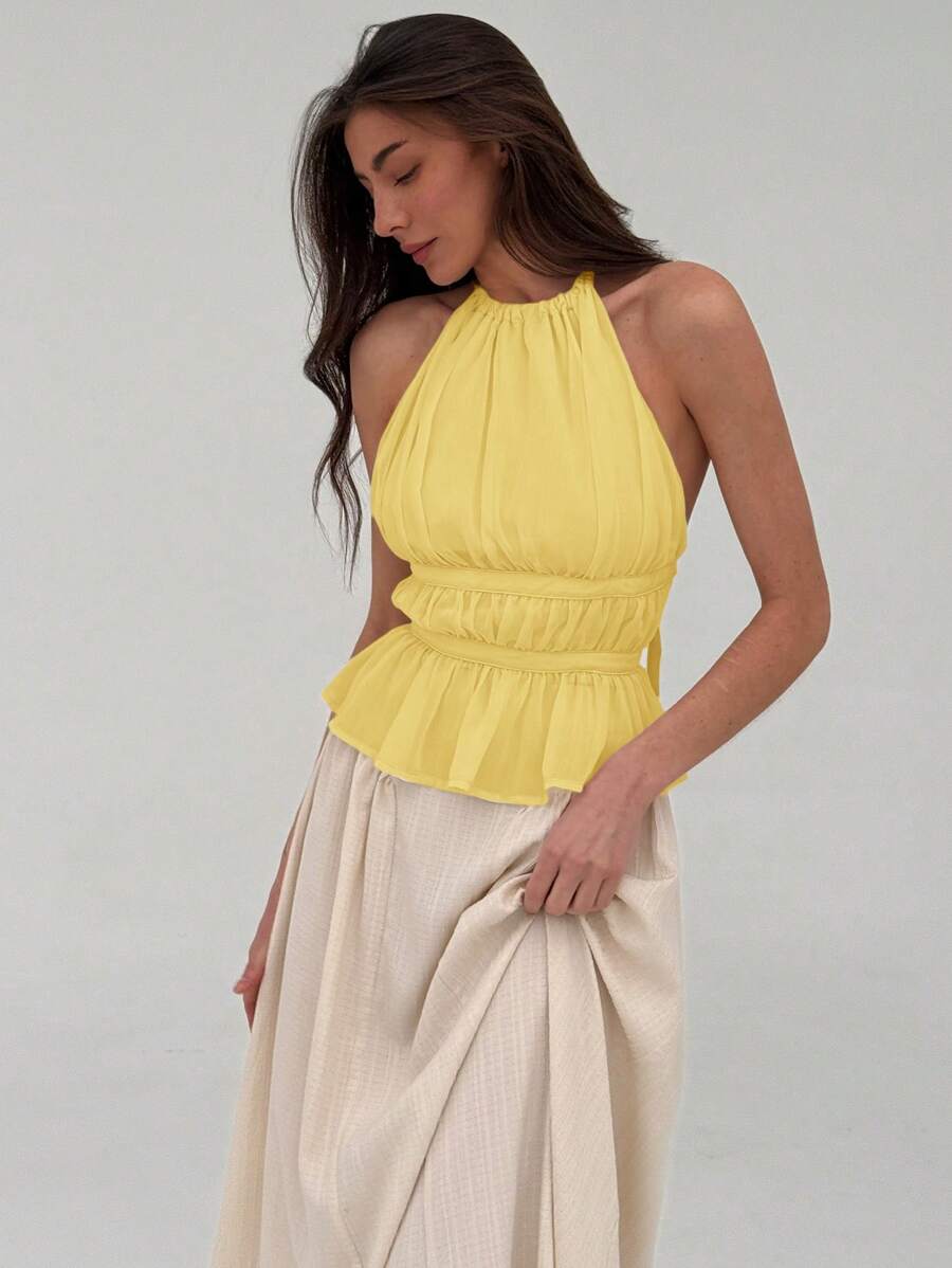 Aloruh 优雅挂脖性感露背甜美纯色荷叶边系带吊带背心 - 黃色 - 查看 1