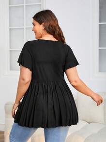 SHEIN Privé Plus Lettuce Trim V Neck Tee - Black - View 2