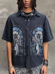ROMWE MEN Street Life Men's Religious Style Printed Denim Short Sleeve Shirt - Black - View 7