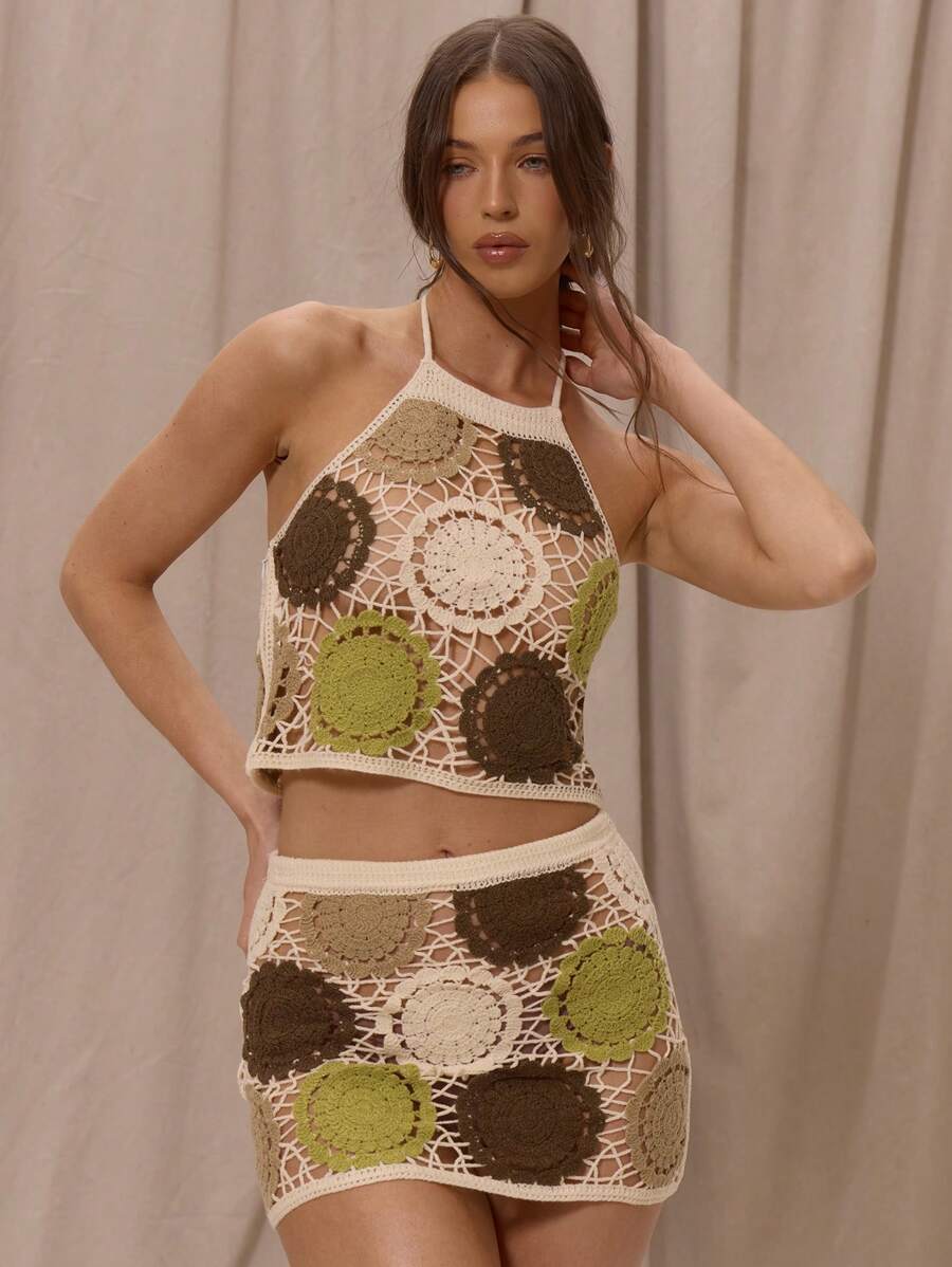 MUSERA 露背钩针编织修身上衣,仅限春夏度假优雅沙滩装,波西米亚浪漫伊比沙岛风格 - 彩色 - 查看 1