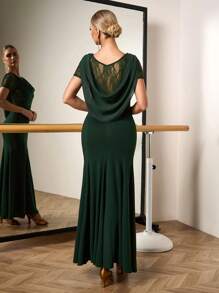 Mulvari Oversized Ruffle Lace Chiffon Patchwork Draped Neck Dress For Women, Suitable For Dancing