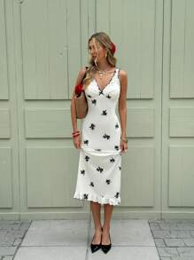 Serisse 女士优雅度假花卉印花黑白撞色荷叶边饰蝴蝶结装饰荷叶边下摆修身无袖 V 领中长连衣裙演唱会系带上衣茶会装扮 Fairycore 女士早午餐装扮女士生日装扮婚礼宾客礼服演唱会装扮女士生日装扮夏季装扮白色连衣裙优雅度假装扮女士度假装扮女士优雅连衣裙春季女士夏装春装度假夏装婚礼宾客装女士春季连衣裙女士连衣裙夏季度假装扮女士舞会礼服，女士夏季连衣裙