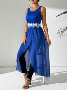 SHEIN Clasi Áo sát nách dáng dài thêu đắp cho nữ - Màu xanh lam - Xem 4