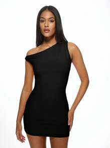 MISSGUIDED 单肩紧身迷你连衣裙，扭结肩带，适合夜店派对、晚宴等特殊场合，修身无袖连衣裙 - 黑色 - 查看 1