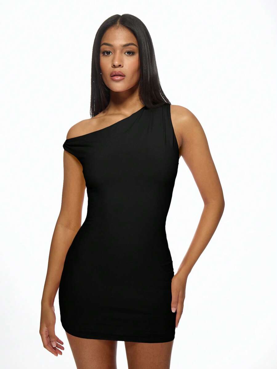 MISSGUIDED 单肩紧身迷你连衣裙，扭结肩带，适合夜店派对、晚宴等特殊场合，修身无袖连衣裙 - 黑色 - 查看 1