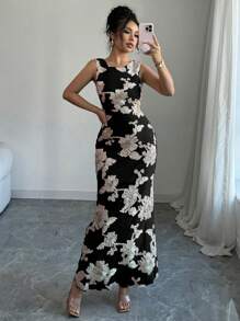 Elenzga Vestido sólido de mujer elegante, de moda, para ir a trabajar, encantador, sin mangas, de cuello redondo, cintura ceñida, ajustado al Body, con bordados - Negro - Ver 3