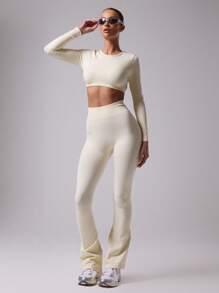 Musera Sport Quần tập yoga cạp cao loe có gân, quần legging, padel, quần vợt, bóng ném, phòng tập thể dục thể hình - Màu vàng - Xem 1