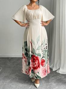 Modelyn Plus Size Jacquard Color-Block Long Sleeve Waist-Cinched A-Line Dress - Red - View 3