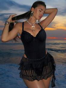 Swim SXY Springbreak Women Solid Spaghetti Strap Ruffle Trim Underwire Front Bow One Piece Swimsuit & Double Ruffle Trim Festival Boho Two Pieces Swimsuit Set - Black - View 6