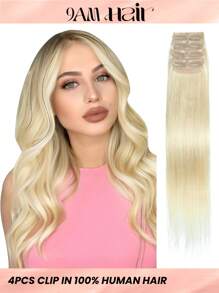 4PCS With 8 Clips Straight Clip In Hair Extensions 100% Real Human Hair Color 613# Light Blonde 12-18 Inch Double Weft Invisible Clip Hair Extensions Remy Natural Human Hair For Women Girl Daily Full Head Use Halloween Costumes