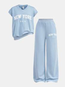 SHEIN Girlism 2 件装 Tween Girl 字母印花插肩袖 V 领宽松 T 恤和阔腿长裤套装 - 藍色 - 查看 3