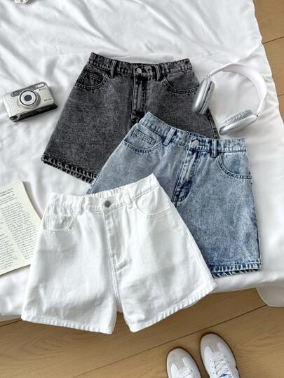 SHEIN Nastolatki, wiosna, lato, plaża, boho, wakacje, 3 sztuki, jednolite, lekkie, sprane, podarte, surowe, luźne, dżinsowe szorty, letnie stroje na koncerty, dwuczęściowe stroje na zakończenie szkoły, letnie stroje na brunch, plażowe stroje wakacyjne dla nastolatek, strój na koncert country