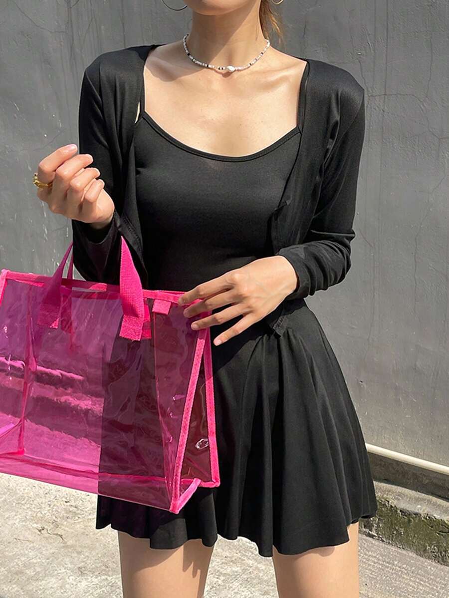 DAZY 2 件套女士夏季休闲连衣裙和夹克套装，简约时尚 - 黑色 - 查看 1