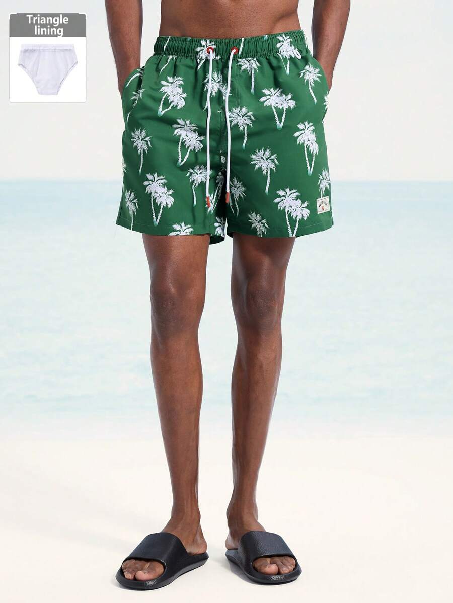 Surfspeed Pantalones cortos casuales de playa para hombres con estampado todo sobre y cordones - Verde - Ver 1