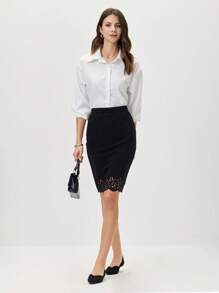 Miaspire Laser Cut Scallop Trim Bodycon Skirt - Black - View 3