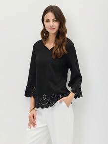 Miaspire 鏤空貝殼邊上衣 - 黑色 - 查看 7