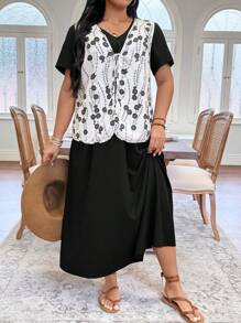 EMERY ROSE Conjunto de 2 piezas de talla grande para mujer de estilo de verano, conjunto de ropa de descanso de estilo chino casual adecuado para fiestas, salidas, calle, Día de San Patricio, Pascua, Día de San Valentín, Acción de Gracias, cómodo, corte holgado - Negro - Ver 1