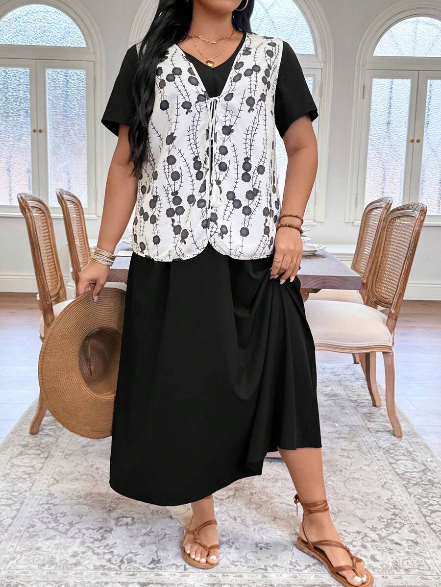 EMERY ROSE Conjunto de 2 piezas de talla grande para mujer de estilo de verano, conjunto de ropa de descanso de estilo chino casual adecuado para fiestas, salidas, calle, Día de San Patricio, Pascua, Día de San Valentín, Acción de Gracias, cómodo, corte holgado - Negro - Ver 1